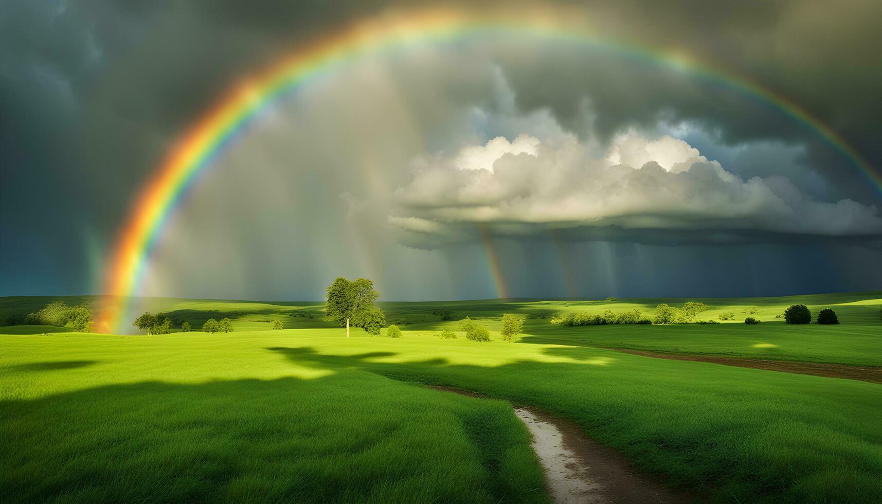 AI generated rainbow over green field with trees and grass photo