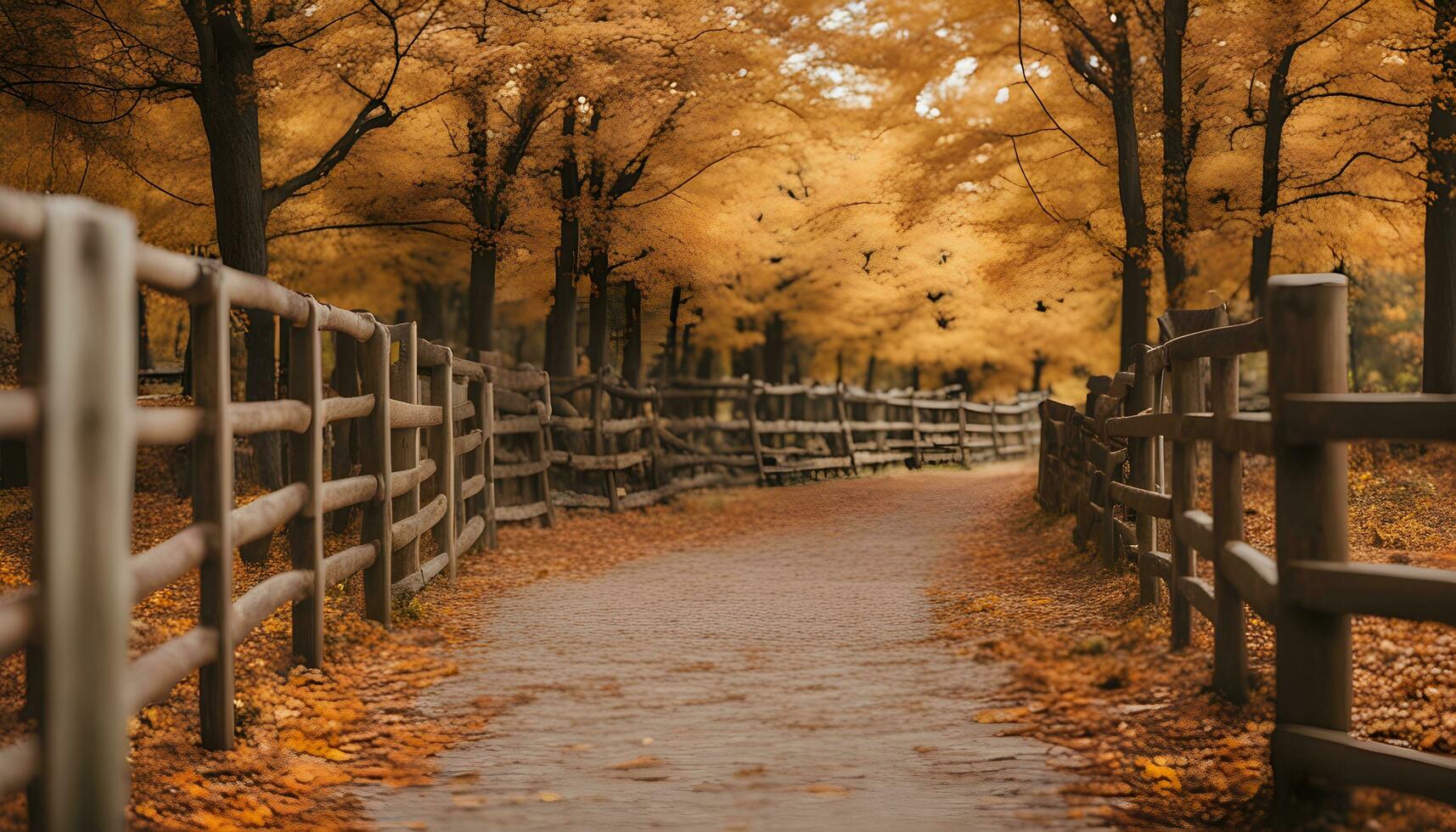 AI generated a pathway lined with yellow trees and leaves photo