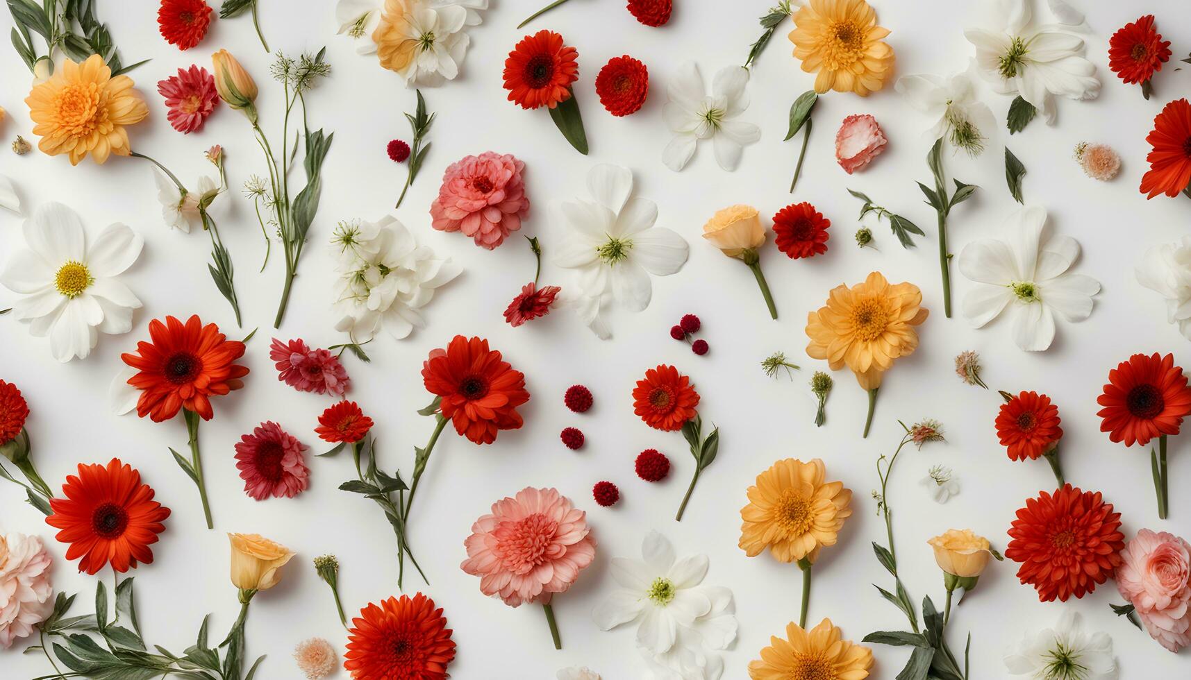 AI generated a large group of colorful flowers arranged on a white surface photo