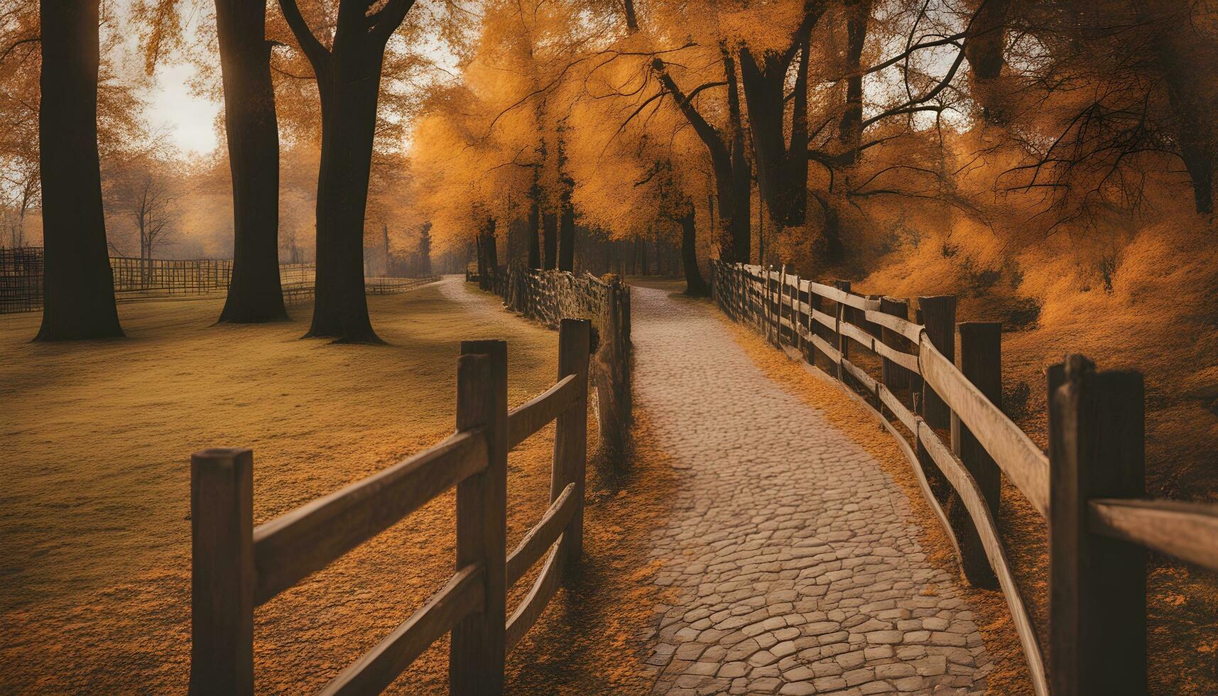 ai generado un camino Guías a un de madera cerca en el medio de un campo foto