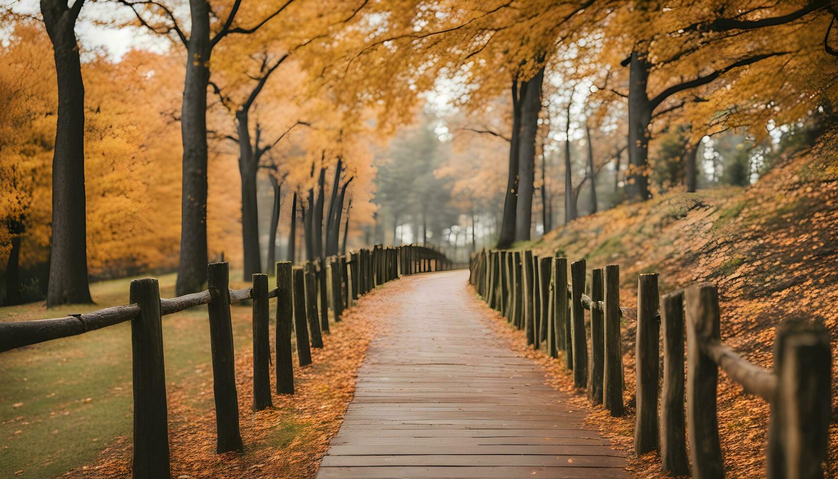 ai generado un de madera ruta en el medio de un otoño parque foto