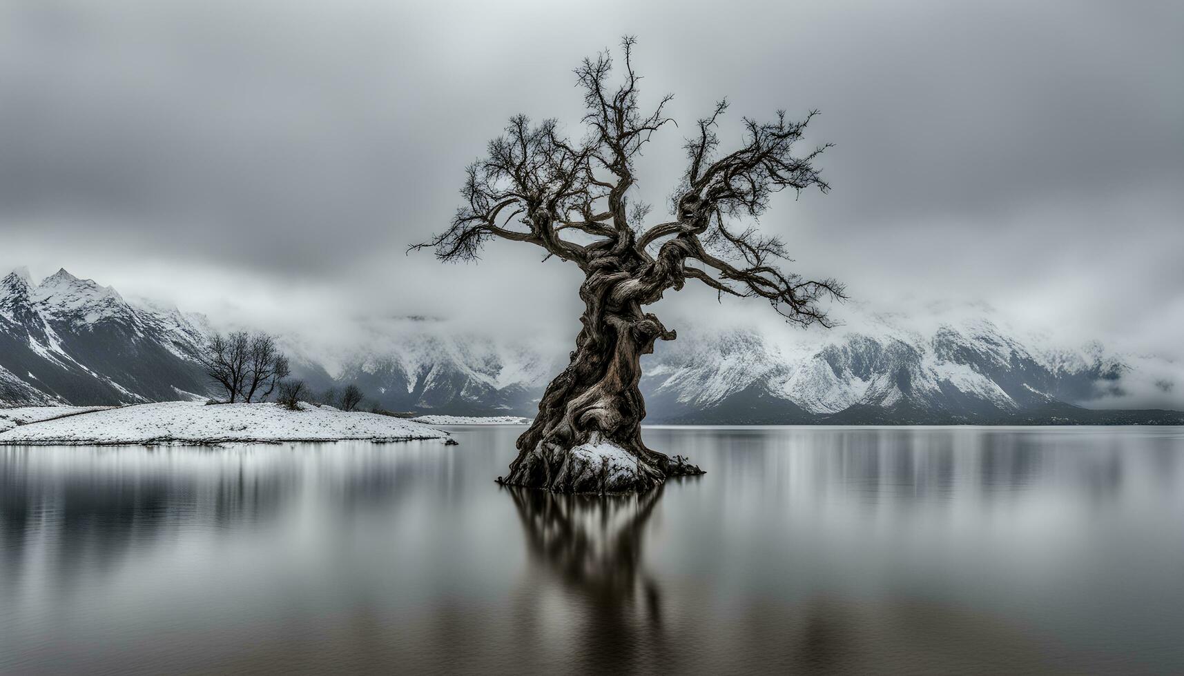 AI generated a lone tree in the middle of a lake photo