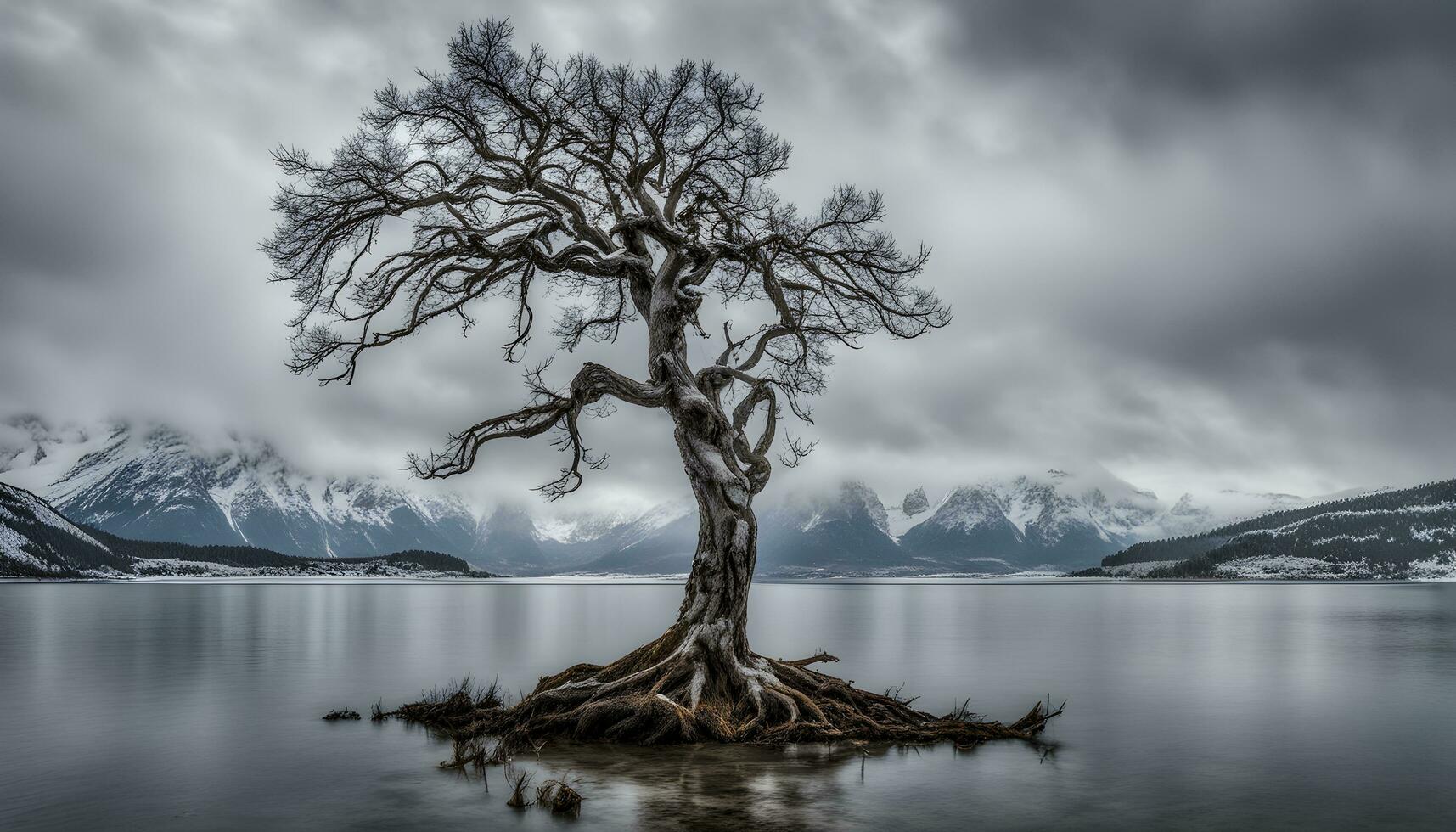 AI generated a tree stands alone on a small island in the middle of a lake photo