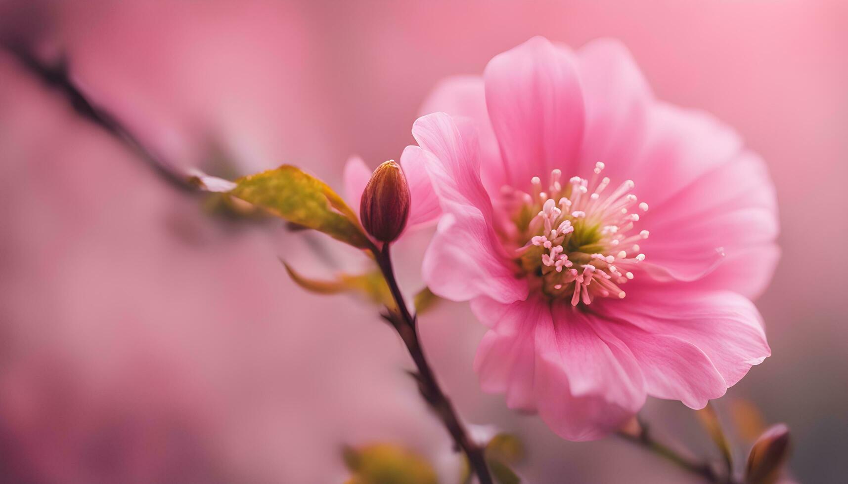 ai generado rosado flor en un rama con un borroso antecedentes foto