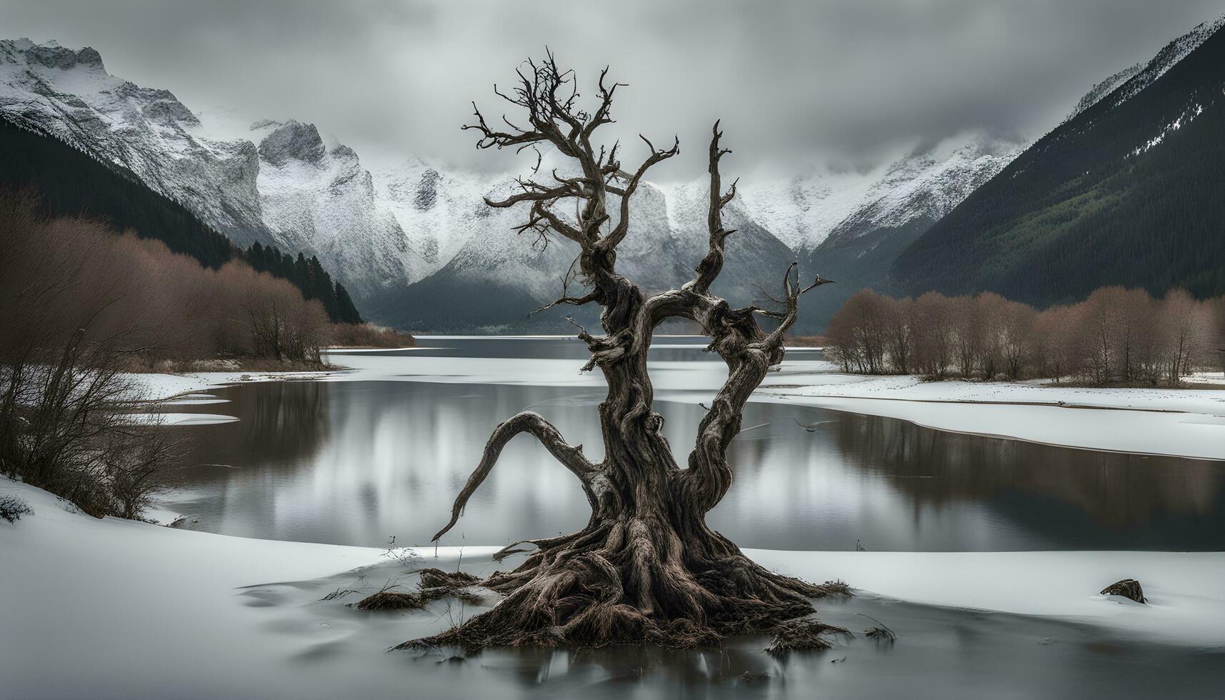 AI generated a dead tree stands alone in the middle of a lake photo