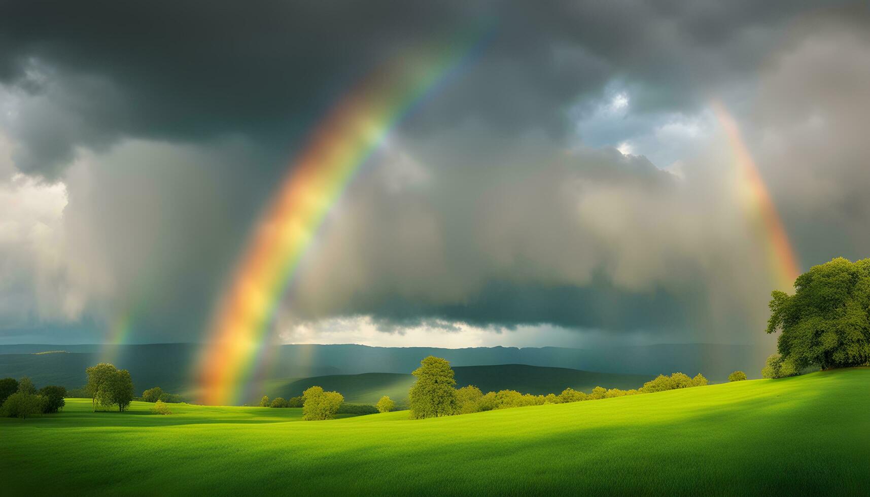 AI generated rainbow over green field with trees and trees photo