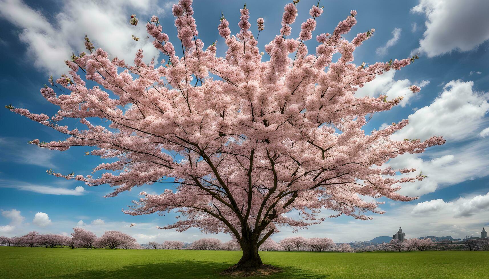 AI generated a large pink tree in a field with blue sky photo