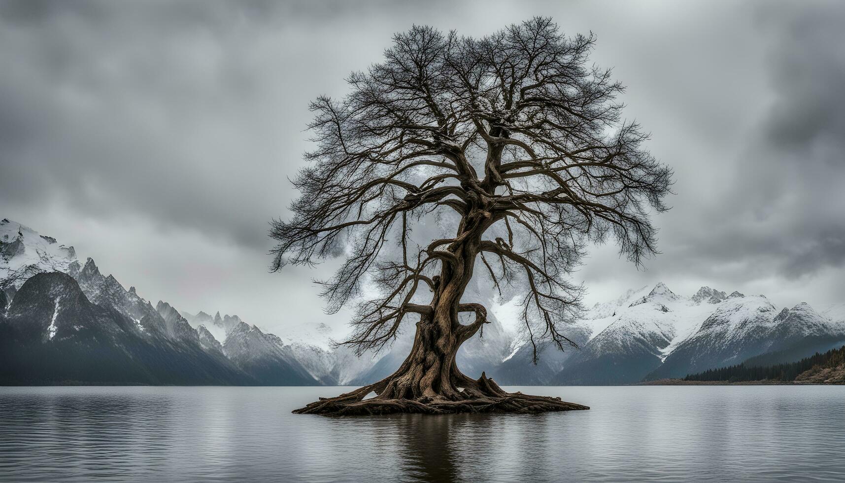 AI generated a tree stands alone on a small island in the middle of a lake photo