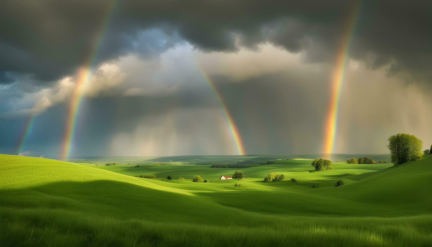 AI generated rainbow over the green hills photo