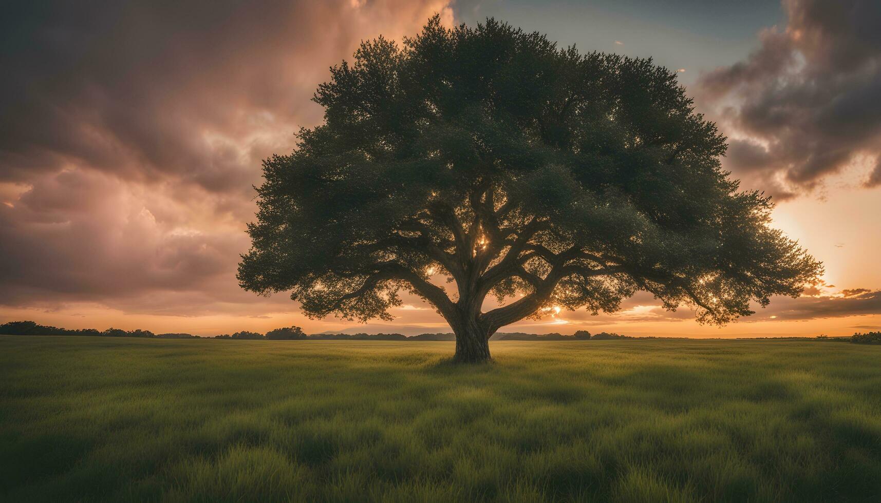 AI generated a lone tree stands in a field during a sunset photo