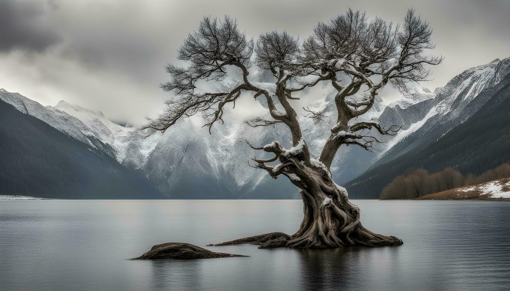 ai generado un solitario árbol soportes en el medio de un lago foto