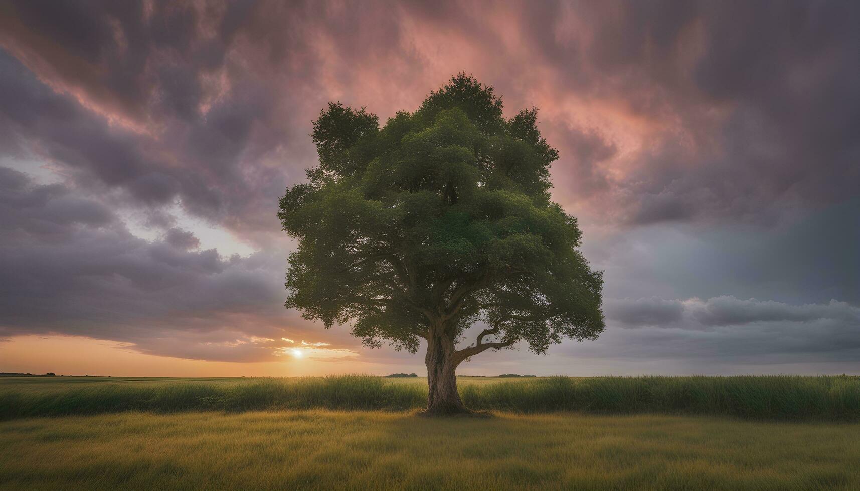 AI generated a lone tree stands in a field under a dramatic sunset photo