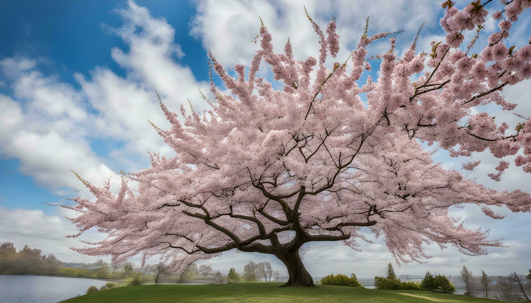 AI generated a large pink cherry tree is in bloom photo