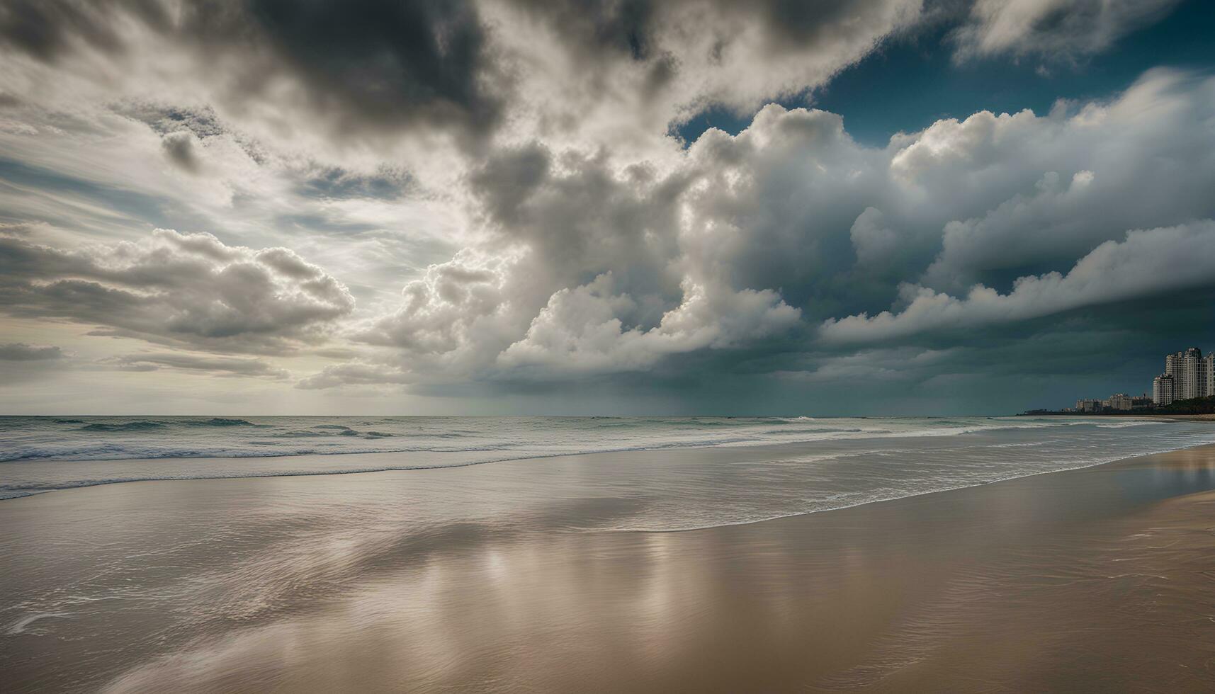 AI generated a beach under a cloudy sky with waves and buildings photo