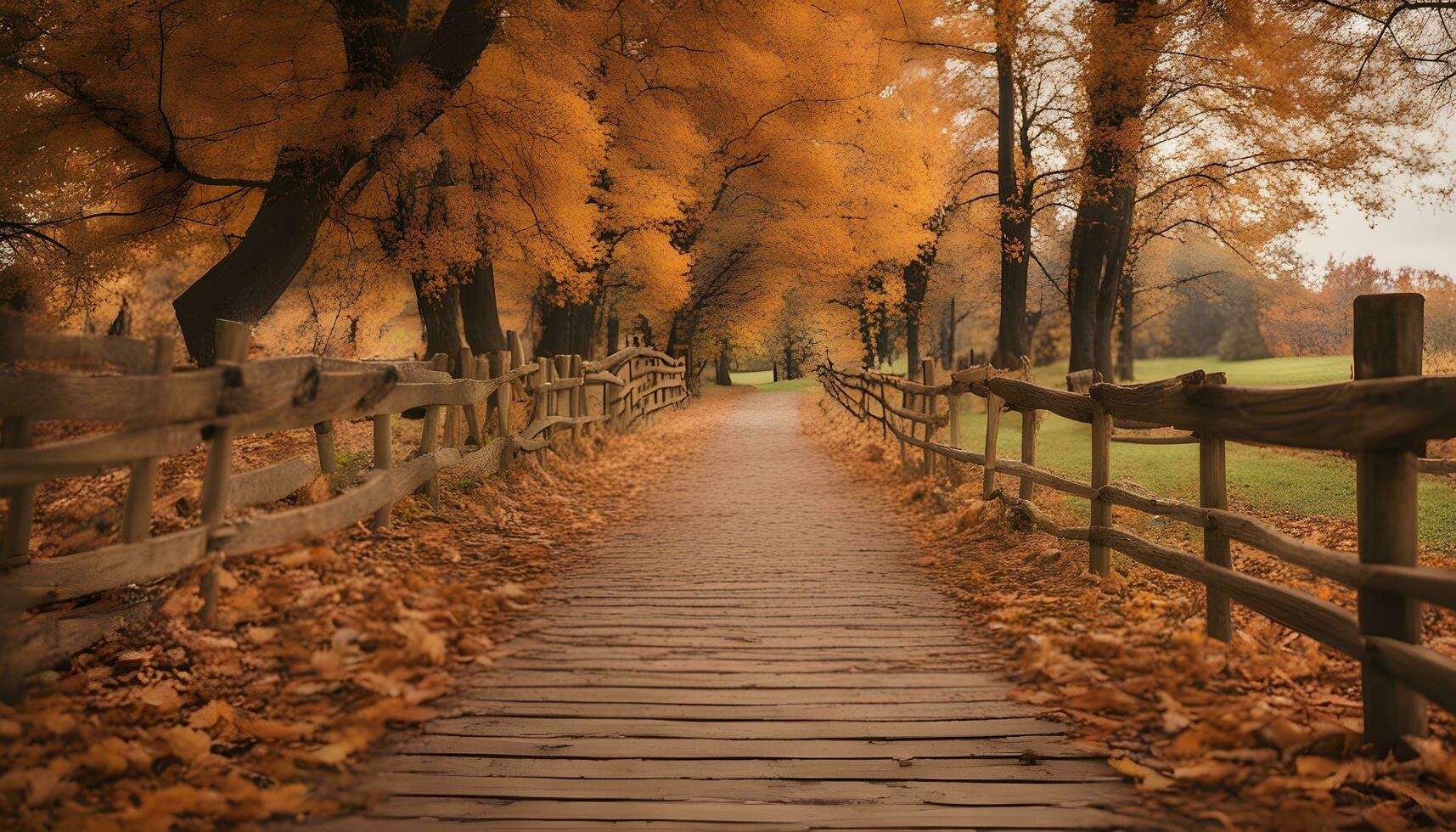AI generated a wooden path leads to a fence in the fall photo
