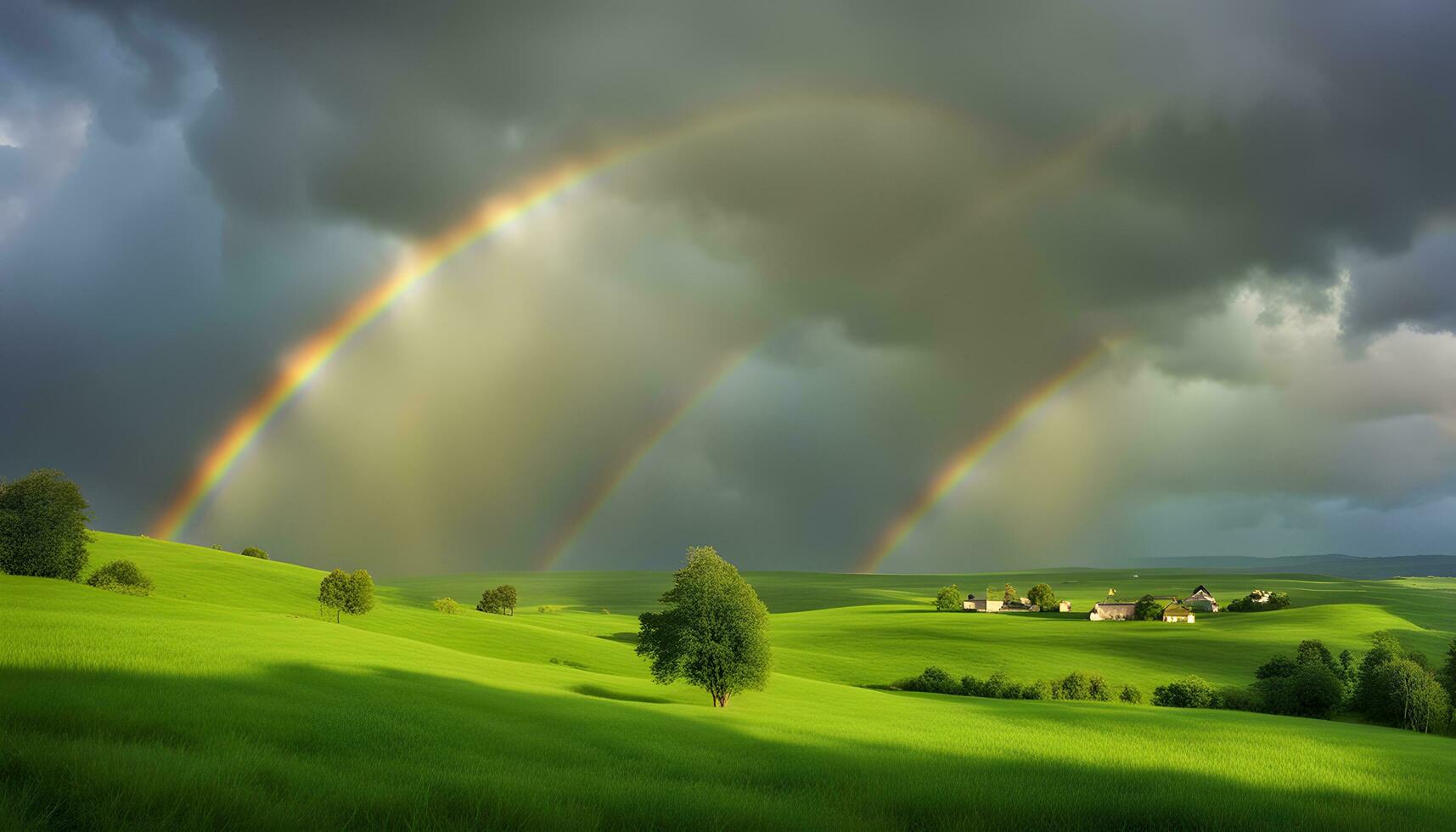 AI generated rainbow over the green fields photo