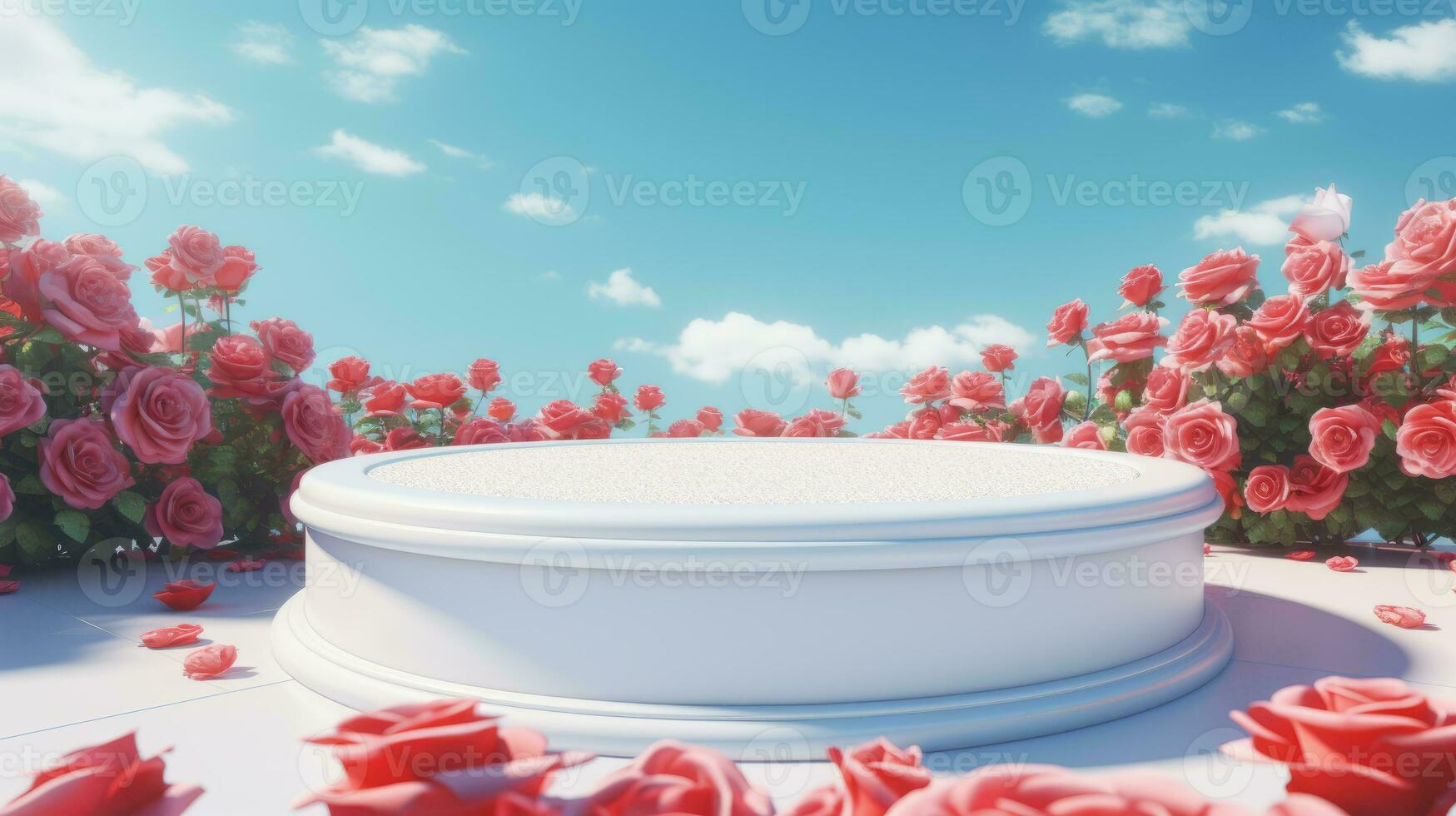 AI generated Empty white round podium on red gradient roses garden and summer blue sky background for cosmetic product presentation, valentine's day concept photo