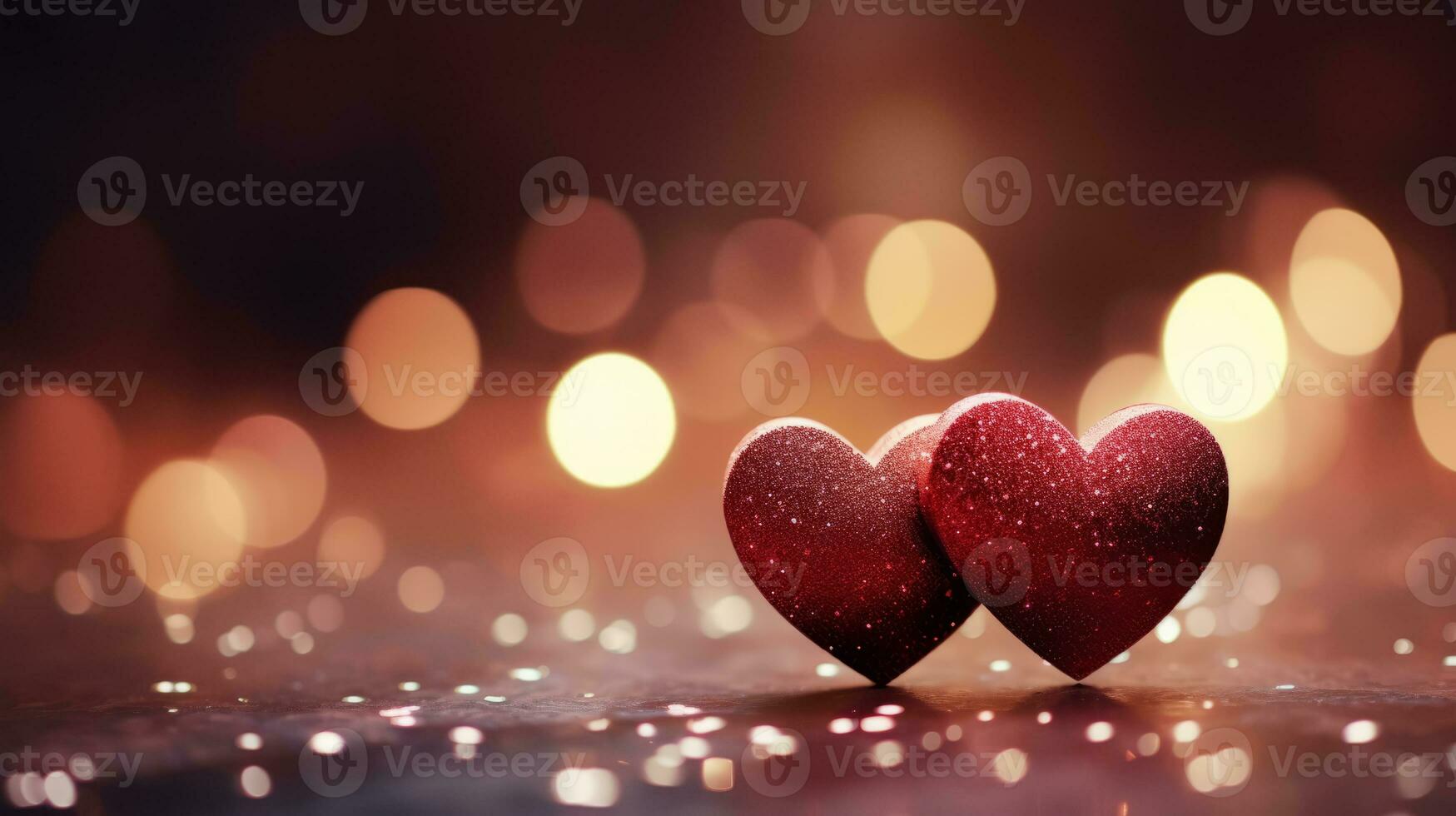 AI generated Two red hearts On Glitter Background with round bokeh and copy space, Valentine's Day Concept, template with heart symbols, a mockup scene for Valentine's Day photo