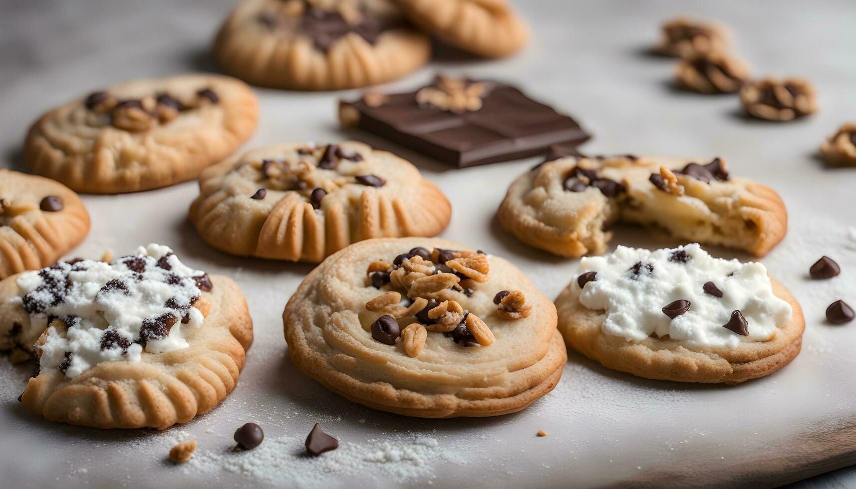 AI generated chocolate chip cookies with walnuts and chocolate chips photo