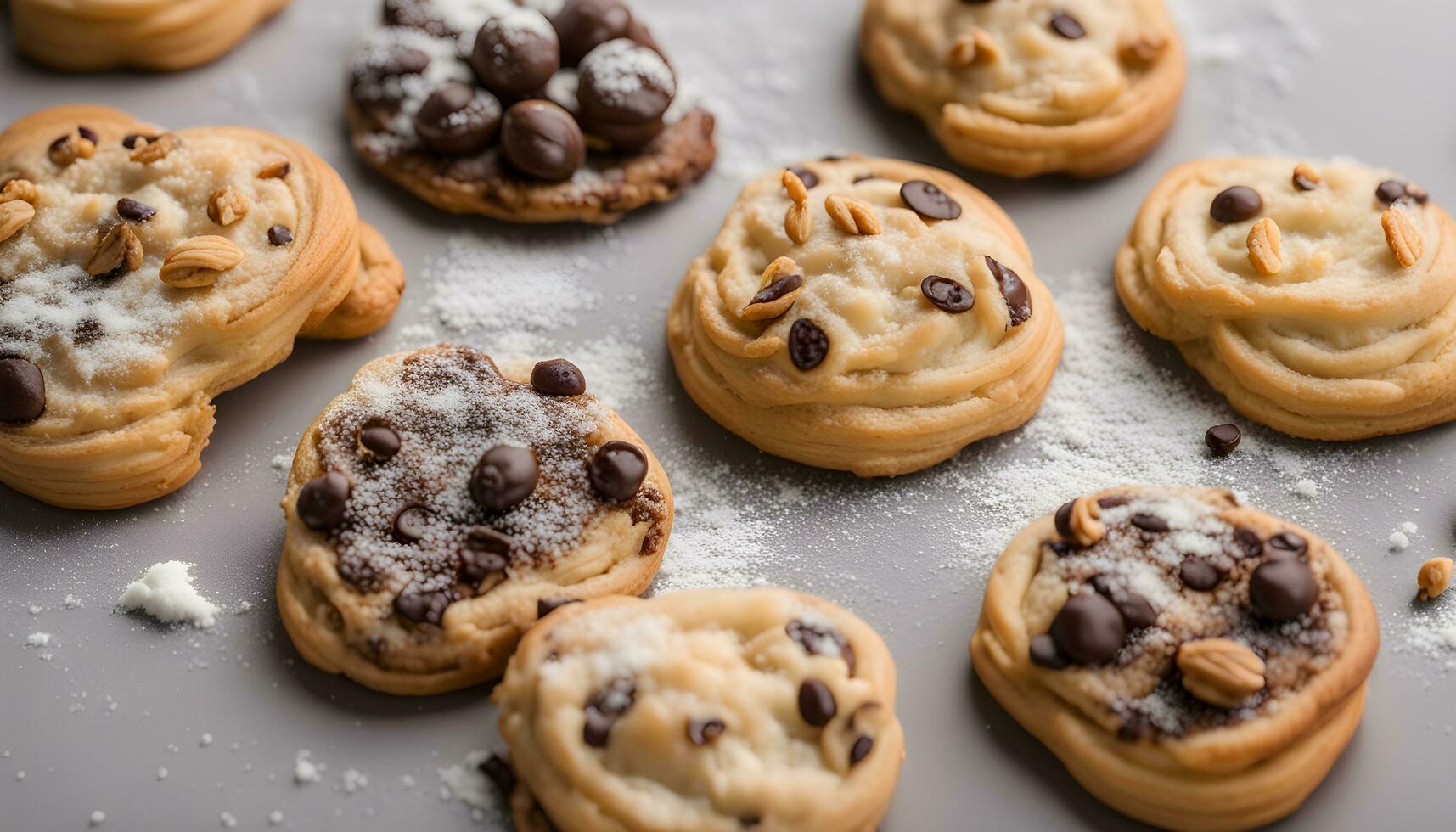 AI generated chocolate chip cookies with powdered sugar on a gray