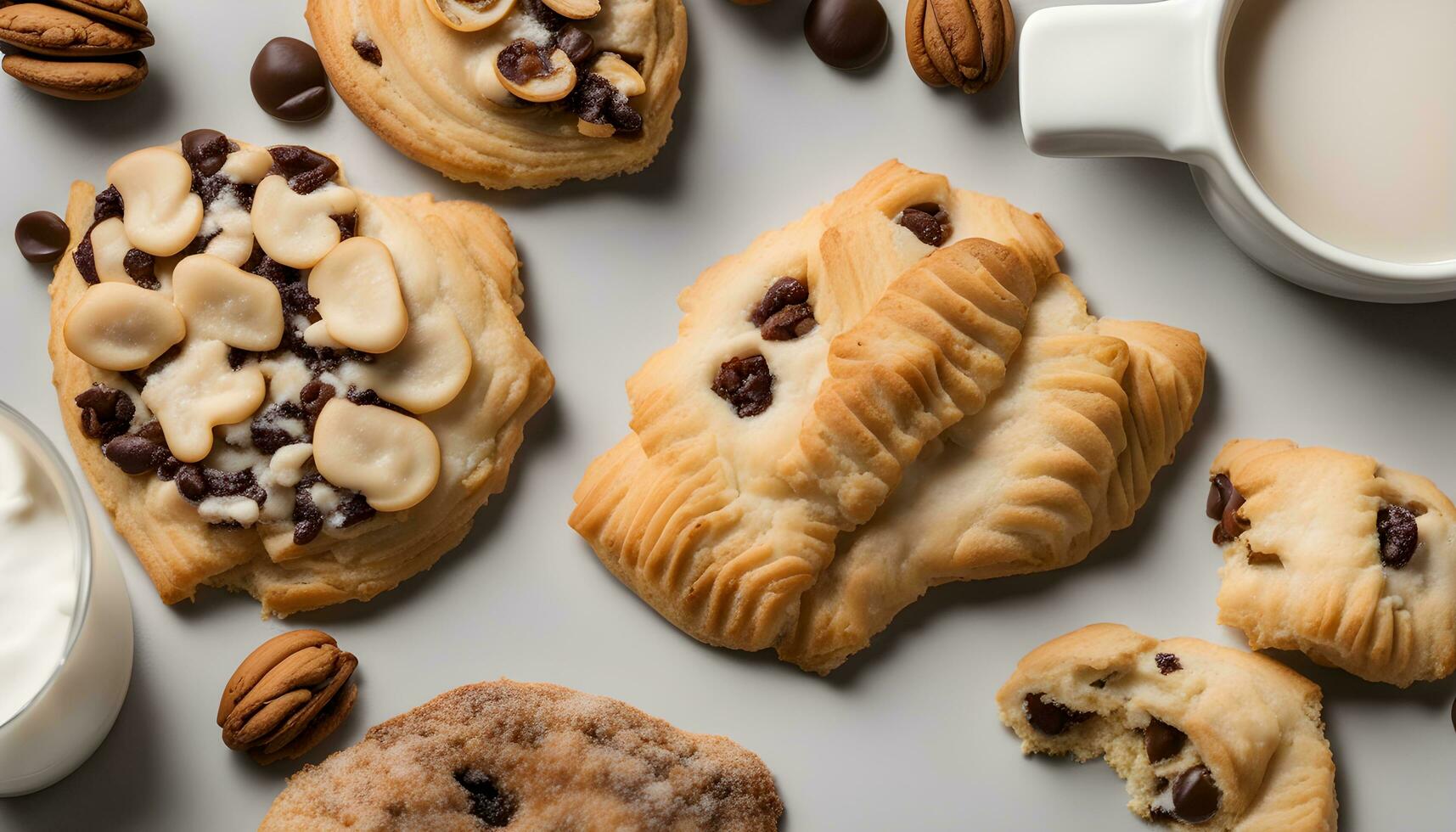 AI generated various cookies and milk on a white surface photo