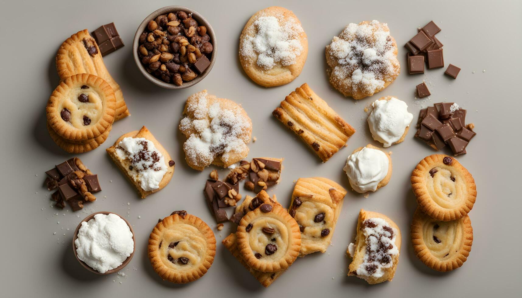 AI generated assorted cookies and biscuits on a gray background photo
