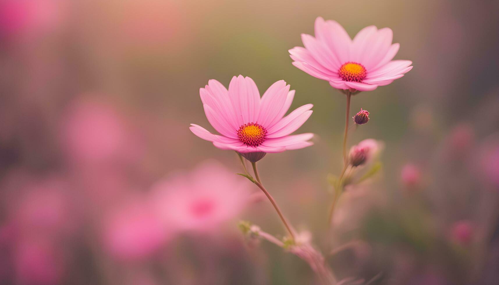 AI generated two pink flowers are in a field with blurred background photo