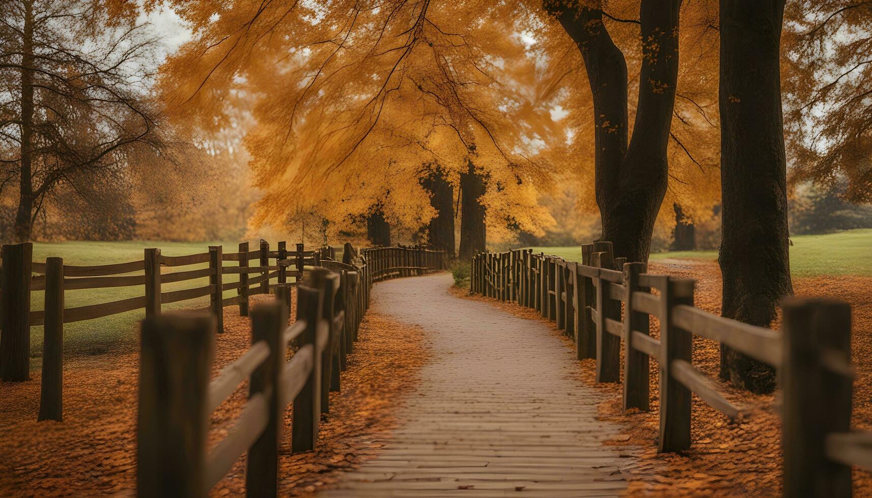AI generated a wooden pathway in the fall with trees and leaves photo