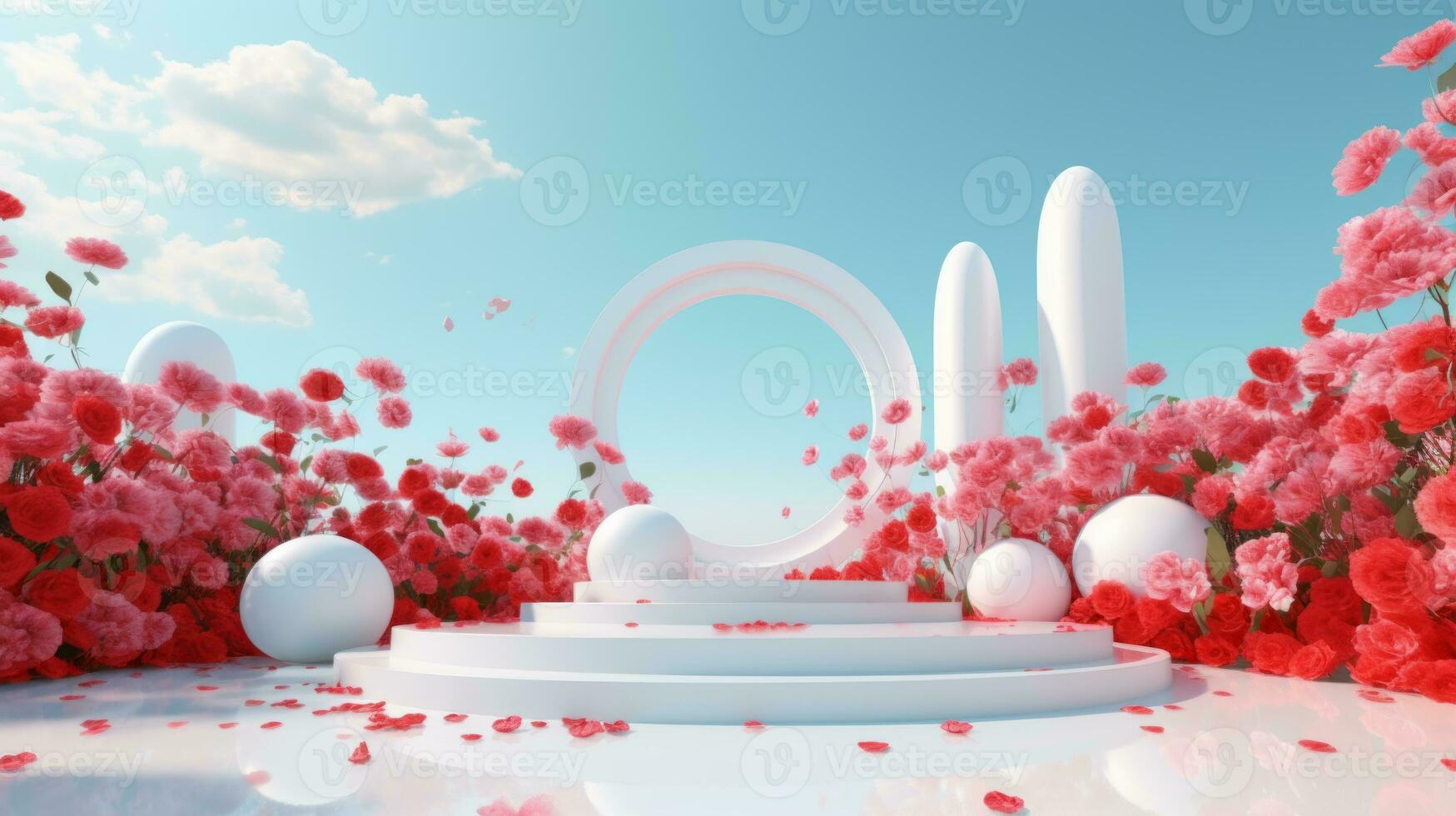 AI generated Empty white round podium on red gradient roses garden and summer blue sky background for cosmetic product presentation, valentine's day concept photo