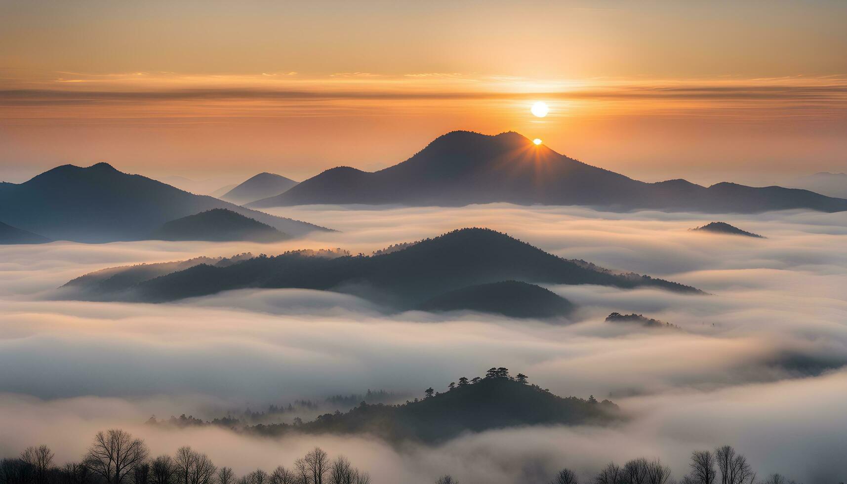 AI generated the sun rises over the mountains covered in fog photo