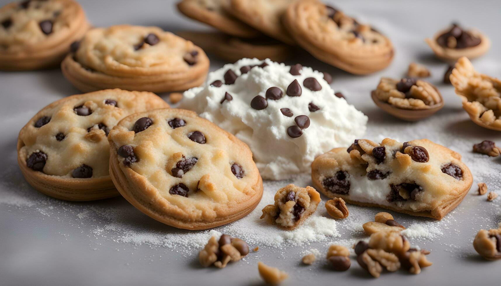 AI generated chocolate chip cookies with whipped cream and walnuts photo