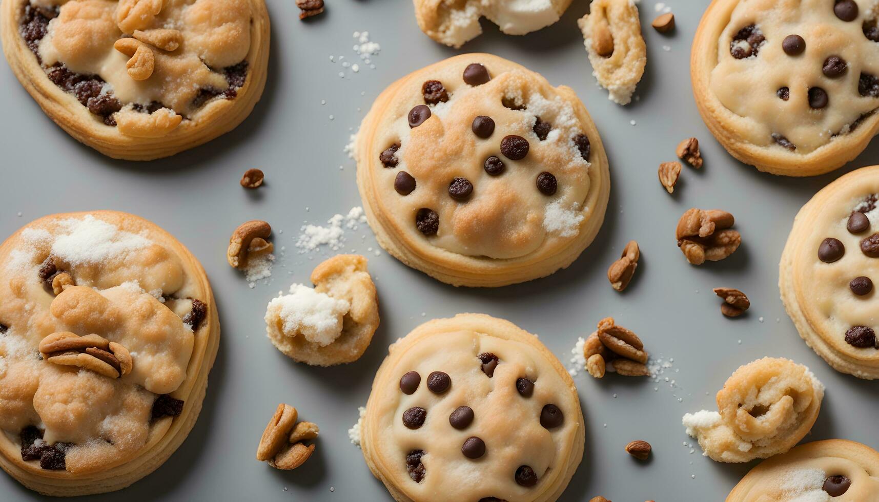 AI generated chocolate chip cookies with pecans and chocolate chips photo