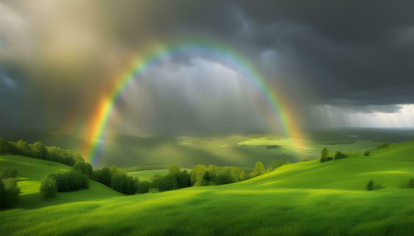 AI generated rainbow over green hills and trees photo