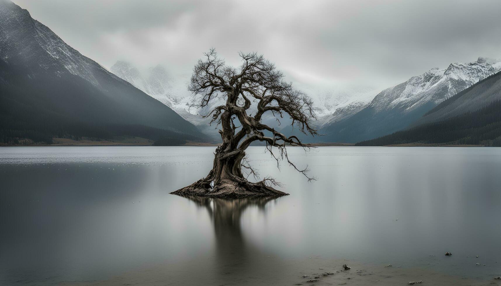 ai generado un solitario árbol soportes en un pequeño isla en un lago foto