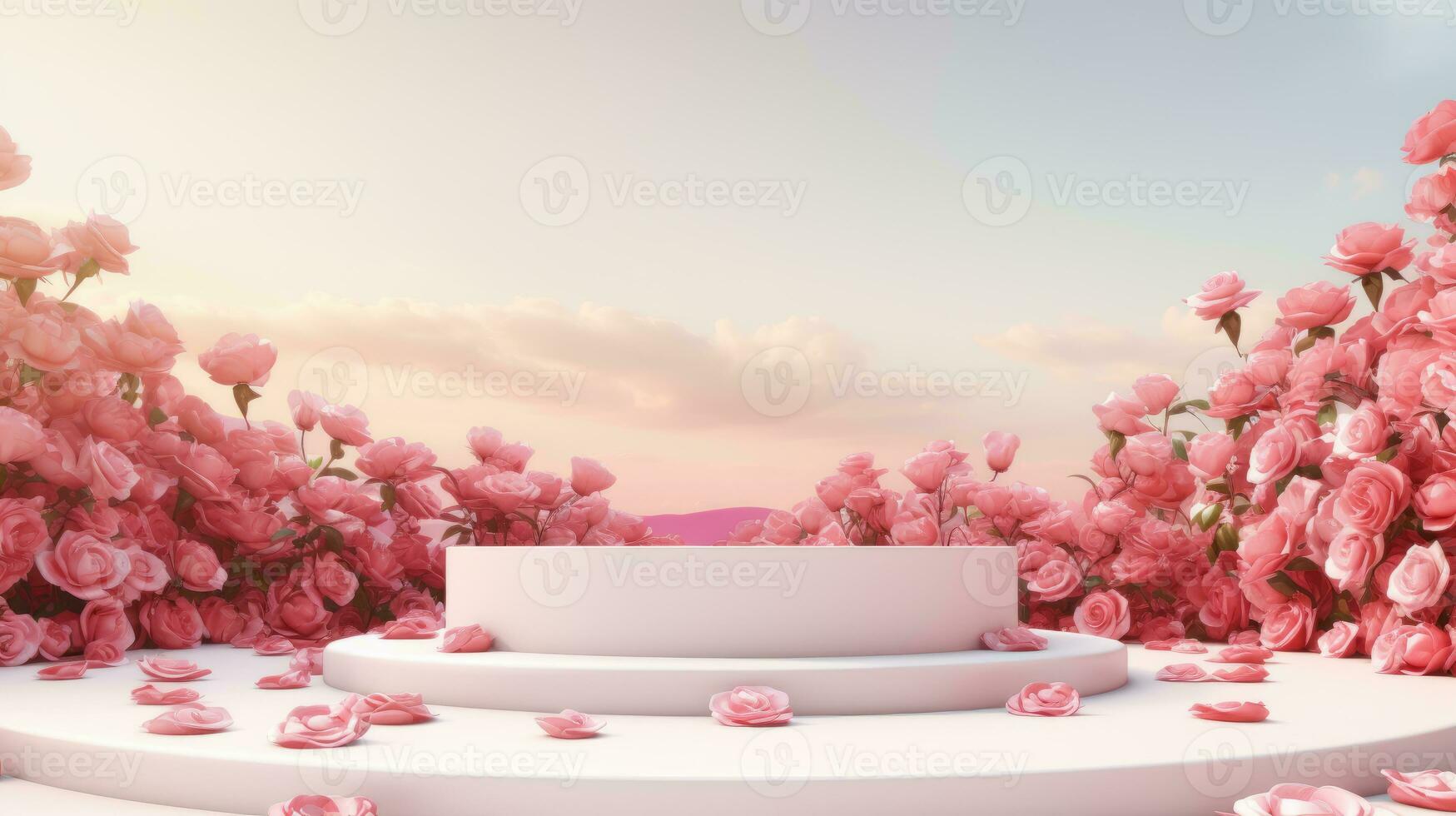 AI generated Empty white round podium on red gradient roses garden and summer evening sky background for cosmetic product presentation, valentine's day concept photo