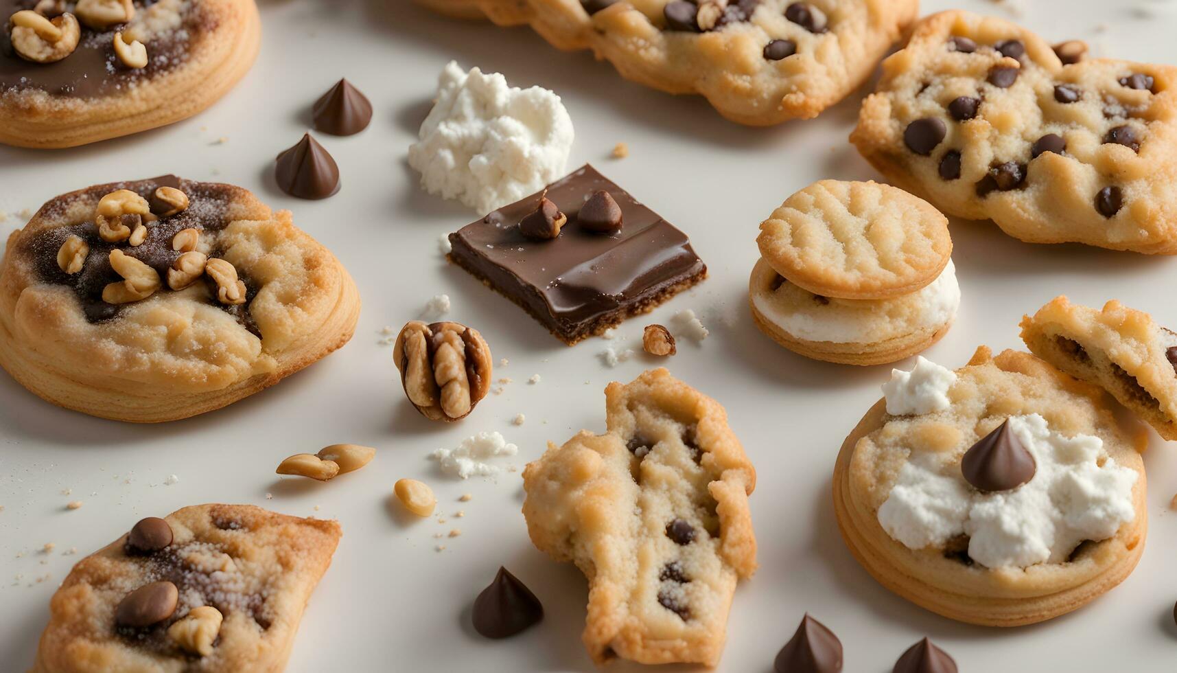 AI generated chocolate chip cookies and other cookies are arranged on a white surface photo