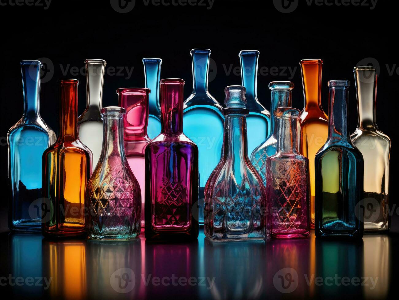 AI generated Bottles for perfumes and cosmetics, different colors and sizes. Mockup photo