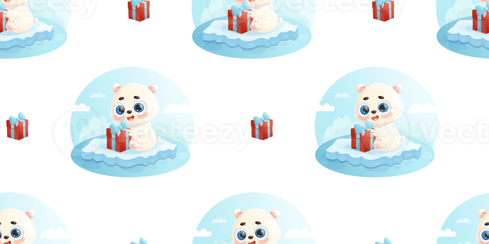 Seamless pattern with  white polar bear with gift on ice floe png