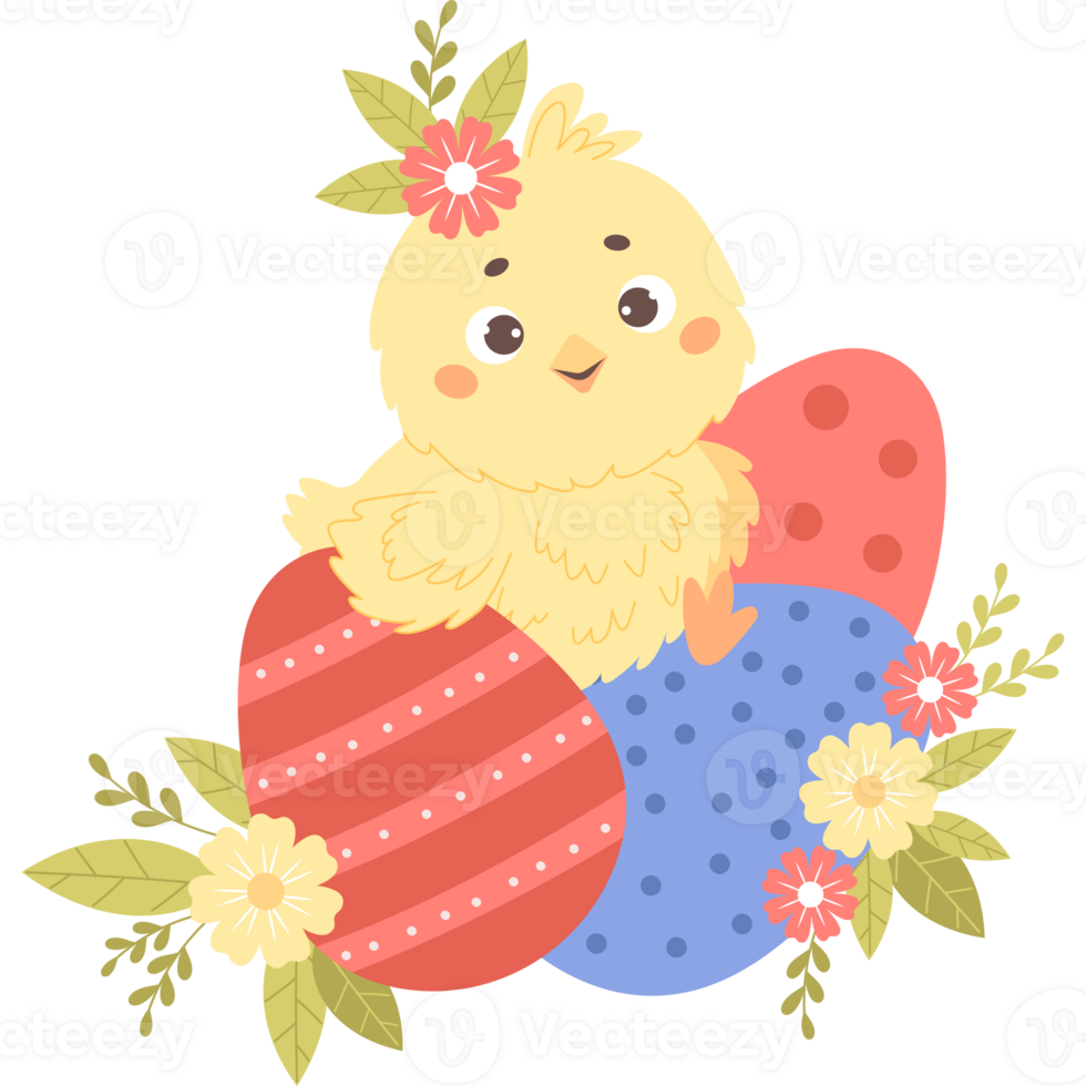 little chick with Easter eggs and flowers png