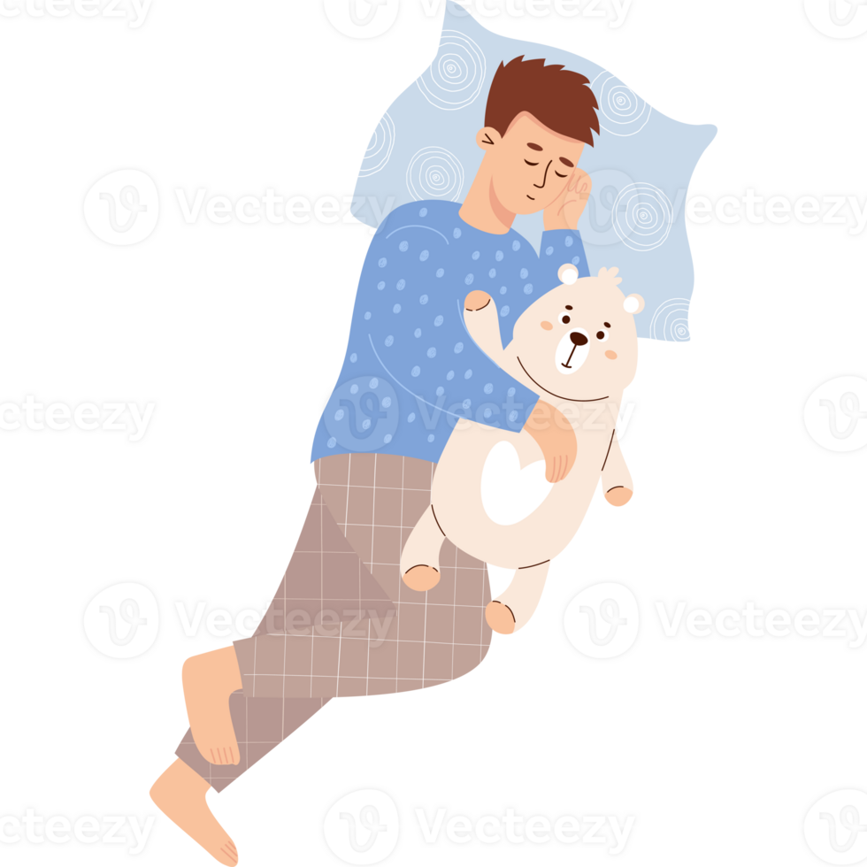 Sleeping man with teddy bear toy png