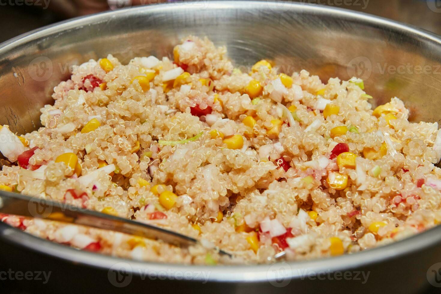 Fresh ingredients for making boiled corn and tomato salad with swan oil and onion filling photo