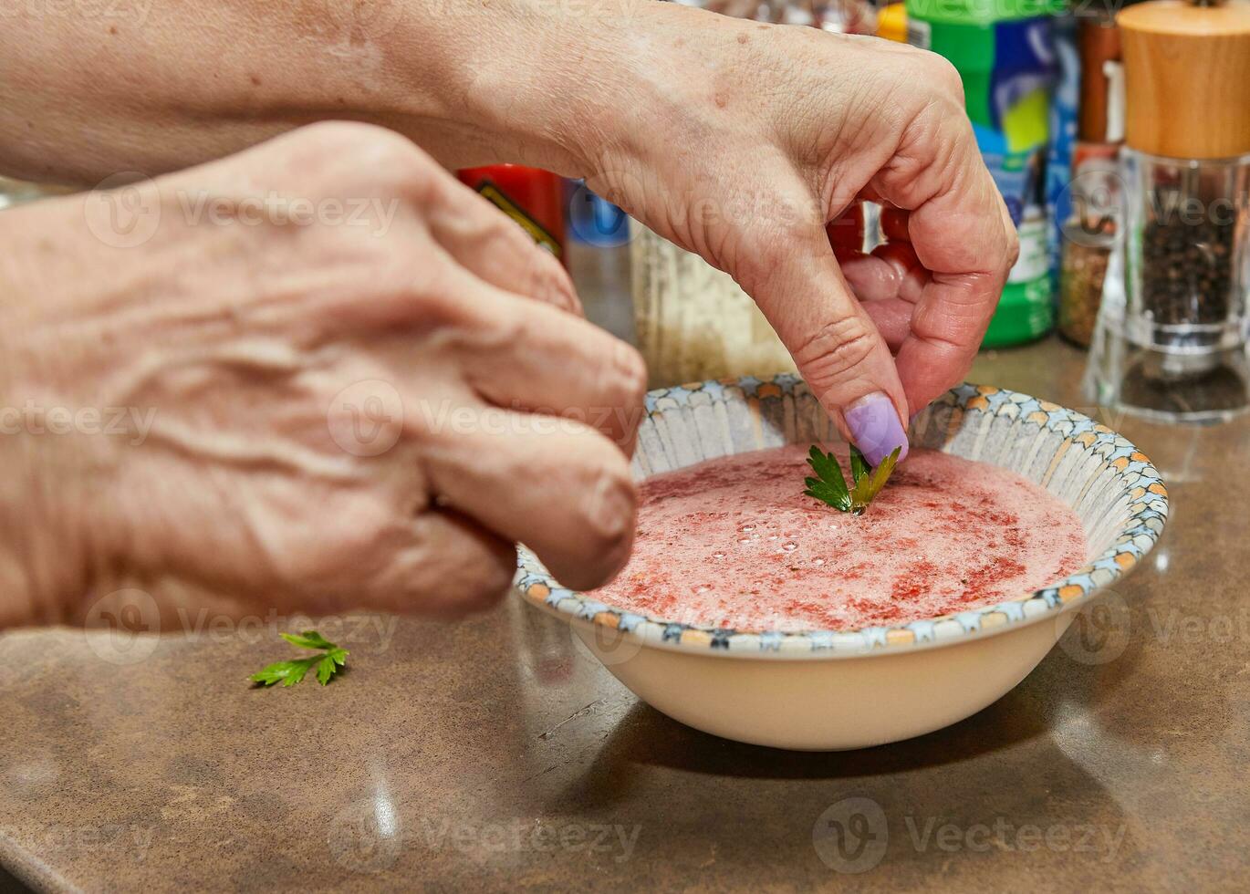 Professional Chef Prepares Gazpacho in Blender at Home Kitchen with Expert Hands photo