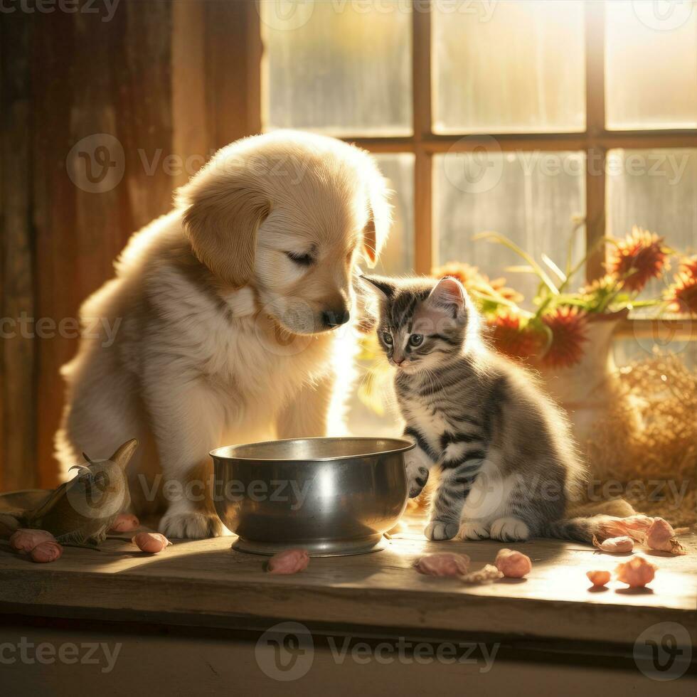 AI generated Cute puppy and kitten are sitting next to each other. Friendship between cat and dog photo