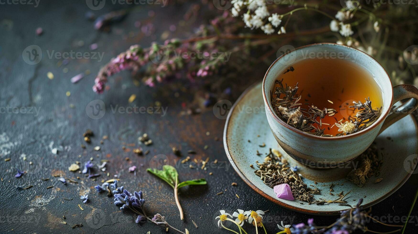 ai generado aromático herbario té en un rústico cerámico taza con dispersado flores foto