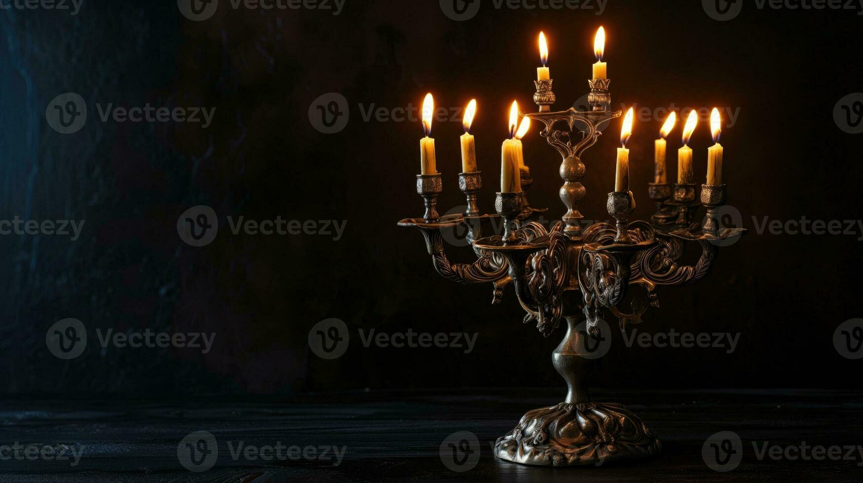 ai generado Clásico candelabro con iluminado velas en contra un oscuro fondo foto