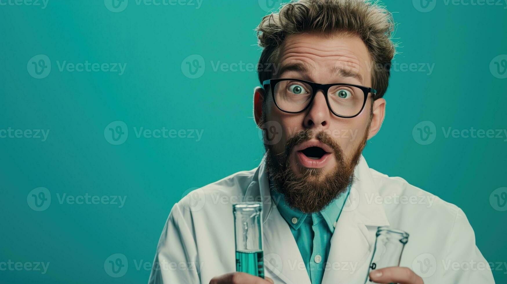 AI generated Astonished scientist with test tubes, background with copy space photo