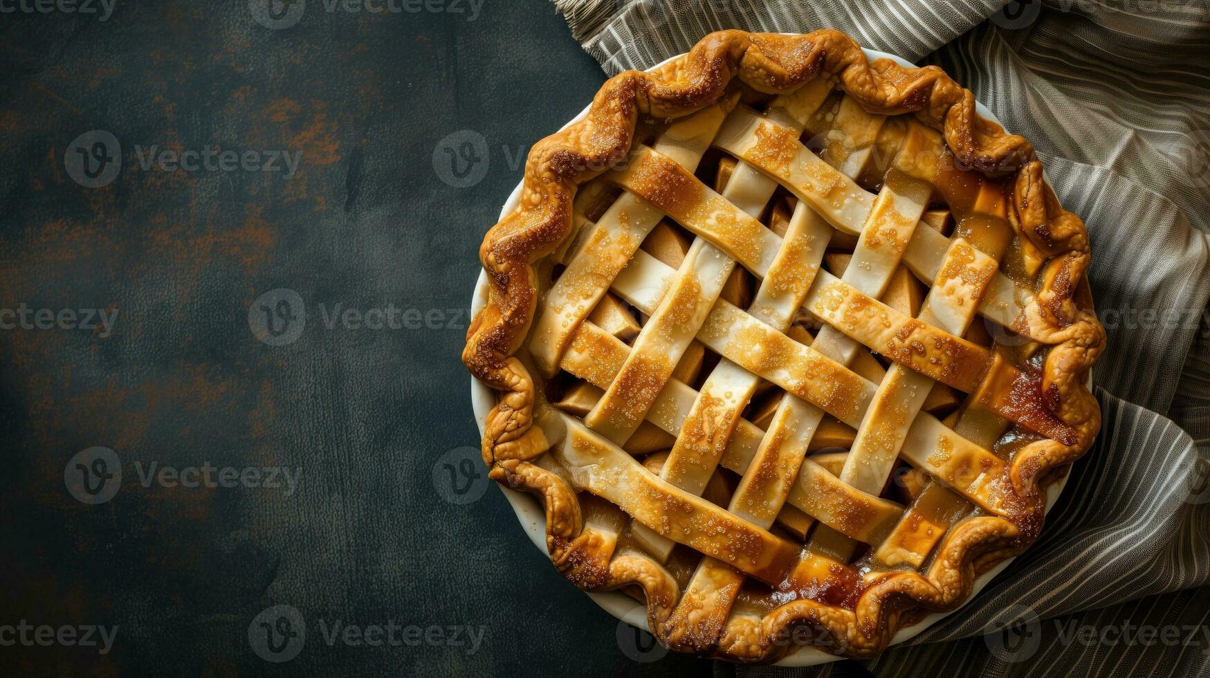 AI generated Homemade golden apple pie with sugar on top on a dark fabric photo