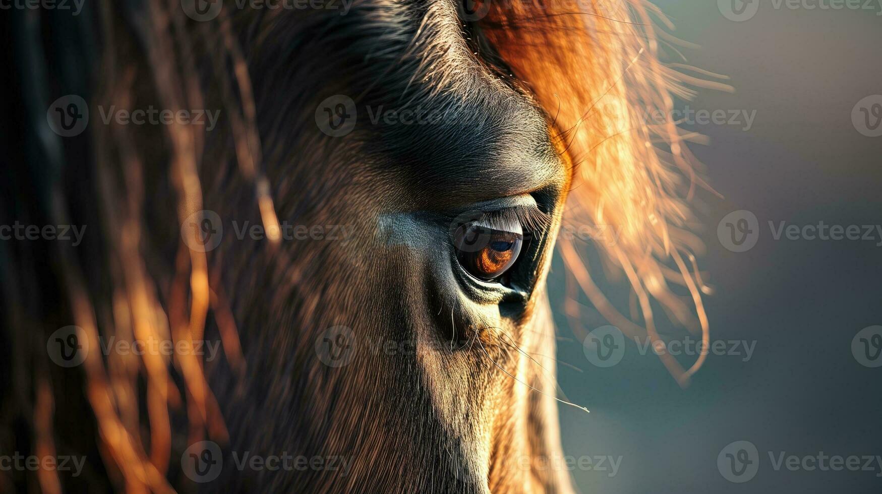 AI generated Detail of a horse's eye and mane at sunset photo