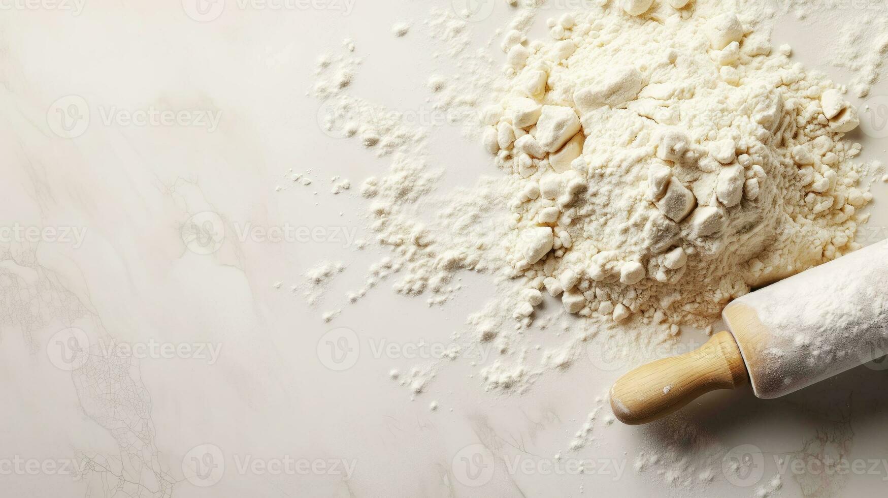 AI generated Flour and rolling pin on marble countertop photo