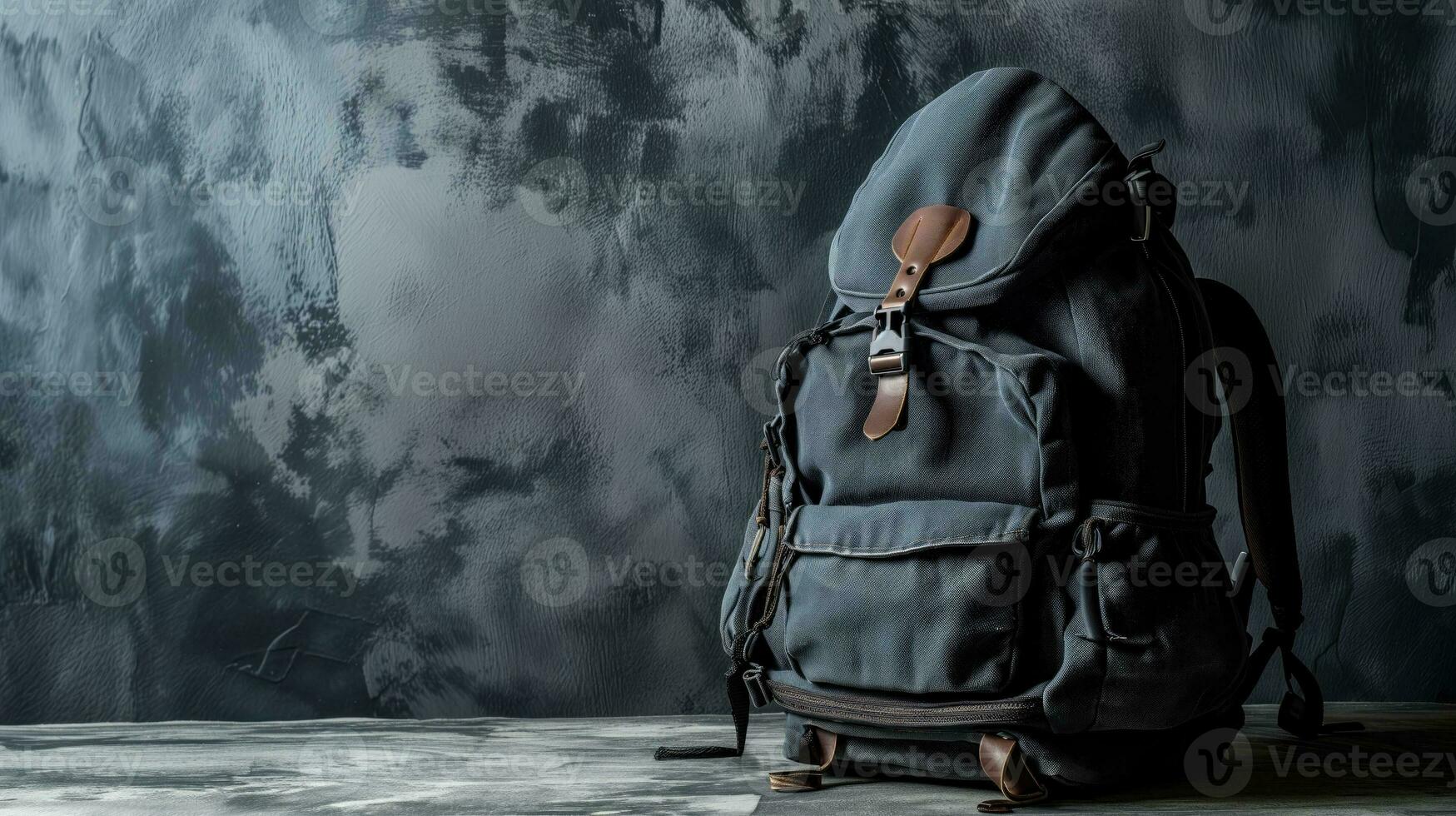 ai generado un clásico negro mochila con cuero acentos en un texturizado antecedentes foto